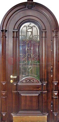 Арочная металлическая дверь массив со стеклом и ковкой ДА-50 в Кирове