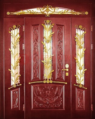 Бордовая железная парадная дверь со стеклом и ковкой ДПР-75 в Кирове