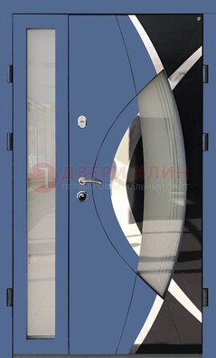 Синяя металлическая дверь со стеклом и узором ДС-13 в Кирове