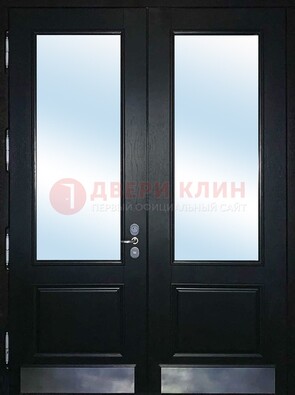 Черная двухстворчатая металлическая дверь со стеклом ДС-25 в Кирове