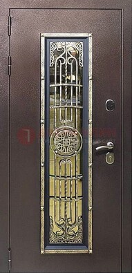 Железная дверь цвета медный антик со стеклом и ковкой ДСК-105 в Кирове