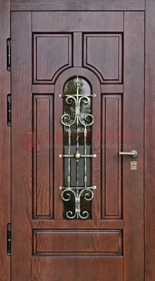 Cтальная дверь со стеклом и ковкой в коричневом цвете ДСК-119 в Кирове