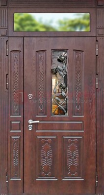 Коричневая железная дверь со стеклом и ковкой на улицу ДСК-127 в Кирове