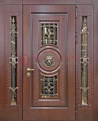 Коричневая стальная дверь со стеклом и ковкой ДСК-147 с фрамугами в Кирове