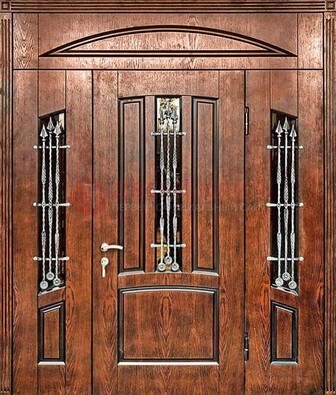 Стальная дверь со стеклом и ковкой с фрамугами ДСК-149 коричневая в Брянске