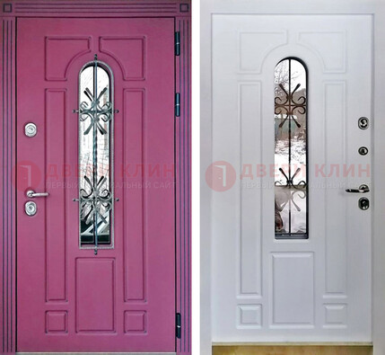 Розовая металлическая дверь со стеклом и ковкой ДСК-151 в Кирове