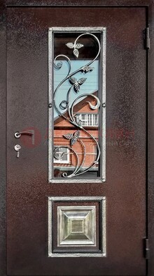 Коричневая стальная дверь порошок со стеклом и ковкой ДСК-163 в Кирове