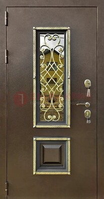 Входная дверь порошок со стеклом и ковкой для коттеджа ДСК-166 в Кирове