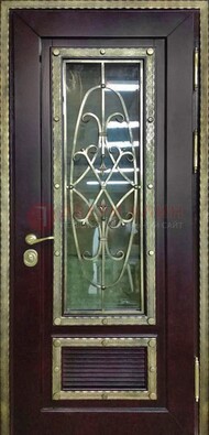 Темная уличная дверь порошок со стеклом и ковкой ДСК-167 в Кирове