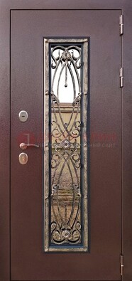 Коричневая стальная дверь порошок со стеклом и ковкой для дома ДСК-169 в Кирове