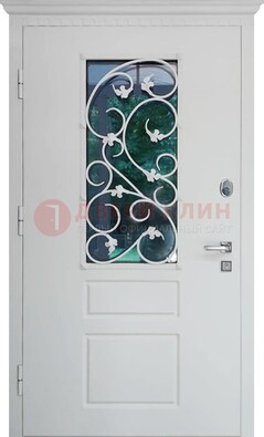Белая металлическая дверь винорит со стеклом и ковкой ДСК-184 в Кирове