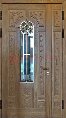 Полуторная стальная дверь стекло с ковкой и узором ДСК-200 в Кирове