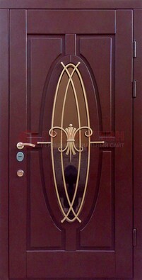 Бордовая стальная дверь Винорит со стеклом и ковкой ДСК-263 в Кирове