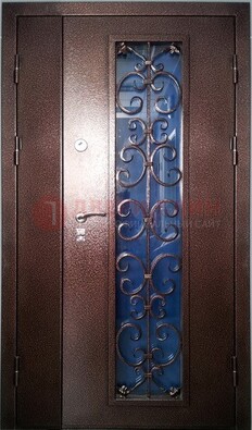 Двойная металлическая дверь со стеклом и ковкой ДСК-4 в Кирове
