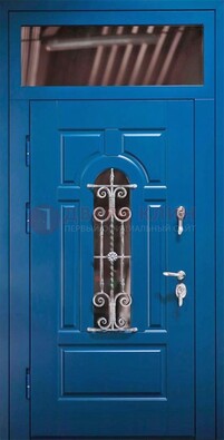 Синяя железная филенчатая дверь со стеклом и ковкой ДСК-97 в Кирове