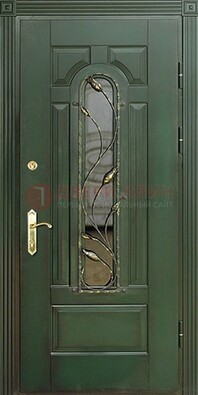 Железная дверь со стеклом и ковкой ДСК-9 для офиса в Кирове