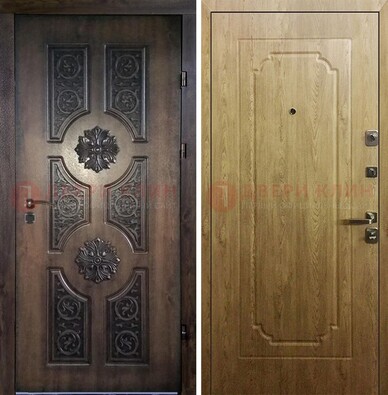 Железная коричневая дверь с виноритом и Золотой дуб внутри ДВТ-101 в Домодедово