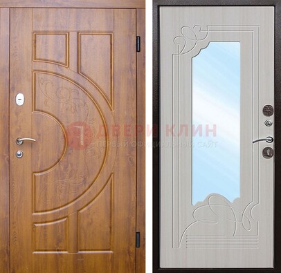 Коричневая металлическая дверь c МДФ с узором и зеркалом ДЗ-105 в Кирове