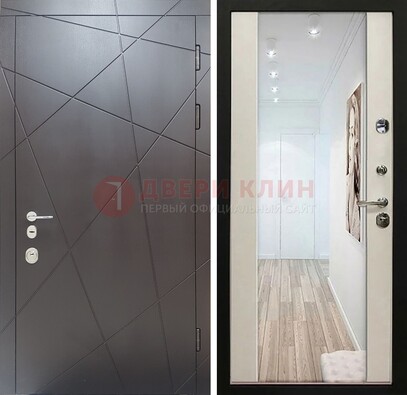 Железная коричневая дверь со светлой МДФ внутри и зеркалом ДЗ-125 в Курске
