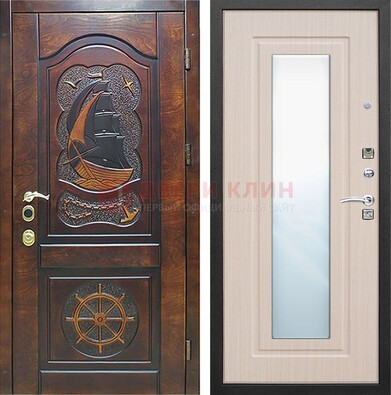 Темная уличная дверь с резьбой и зеркалом внутри ДЗ-49 в Кирове