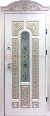 Белая железная дверь с МДФ и витражом ВЖ-26 в Кирове