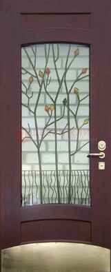Бордовая стальная дверь с витражом и декоративным элементом ВЖ-3 в Кирове